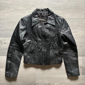 Vintage 90s Wilsons Black Leather Cropped Moto Jacket Women M